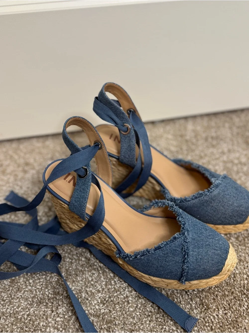 INC International Concepts Denim Blue Espadrille Wedge Sandals with Wrap Ankle
